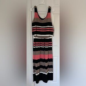 Signature by Robbie Bee Black, Pink, and Brown Striped Midi Dress
